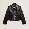 Chaqueta motera de cuero negro para mujer con efecto brillante Chaqueta motera de cuero negro para mujer con efecto brillante