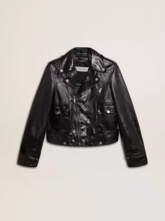Chaqueta motera de cuero negro para mujer con efecto brillante