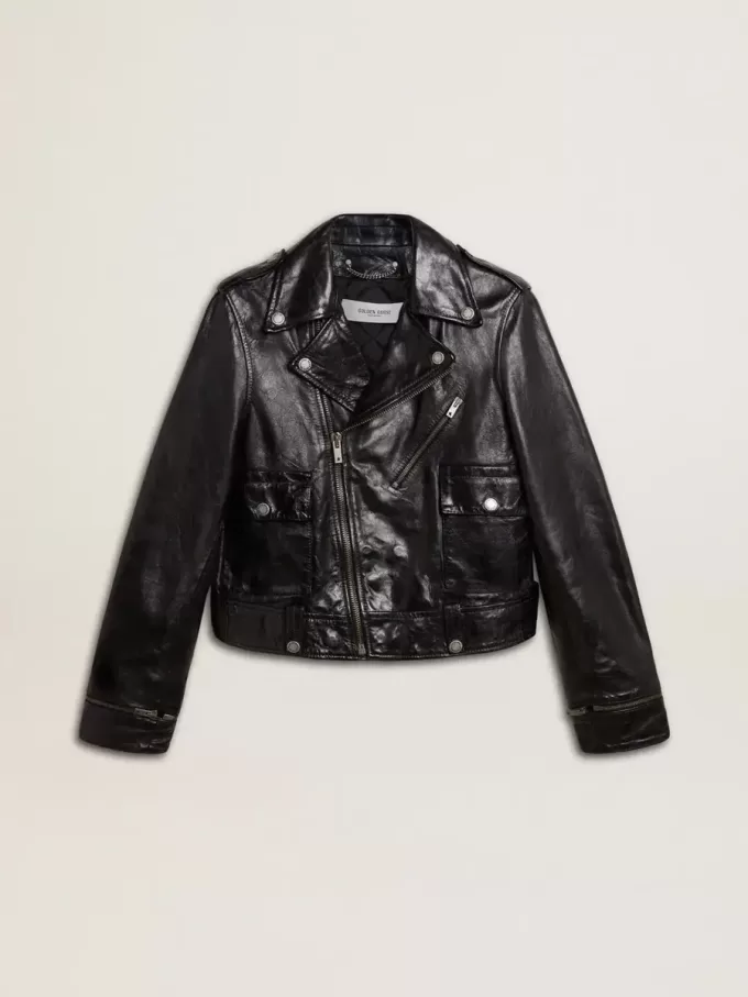 Chaqueta motera de cuero negro para mujer con efecto brillante Chaqueta motera de cuero negro para mujer con efecto brillante