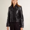Chaqueta motera de cuero negro para mujer con efecto brillante Chaqueta motera de cuero negro para mujer con efecto brillante