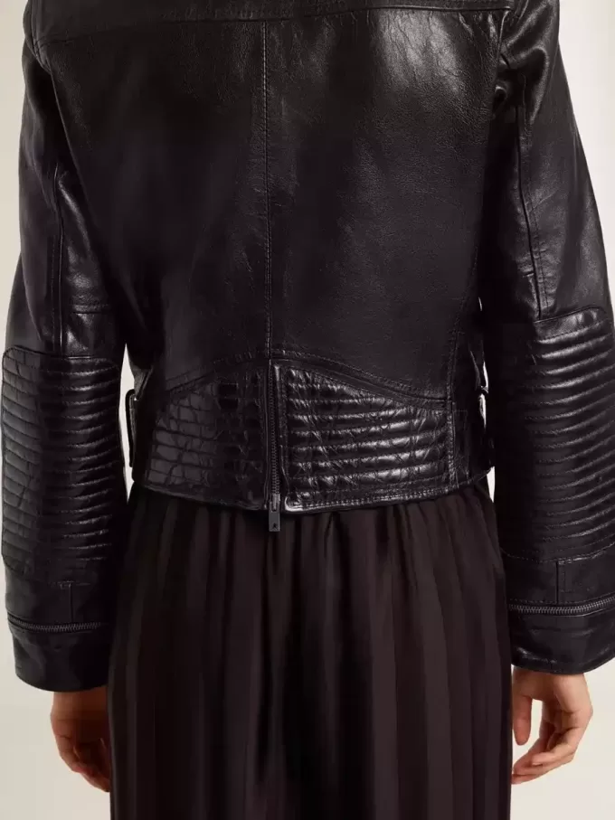 Chaqueta motera de cuero negro para mujer con efecto brillante Chaqueta motera de cuero negro para mujer con efecto brillante