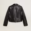 Chaqueta motera de cuero negro para mujer con efecto brillante Chaqueta motera de cuero negro para mujer con efecto brillante