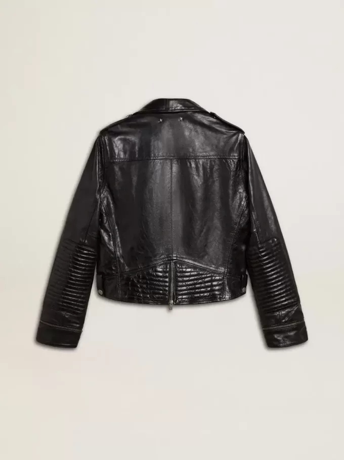 Chaqueta motera de cuero negro para mujer con efecto brillante Chaqueta motera de cuero negro para mujer con efecto brillante