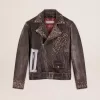 Chaqueta motera de cuero para hombre con tachuelas martilladas y cinta adhesiva Chaqueta motera de cuero para hombre con tachuelas martilladas y cinta adhesiva