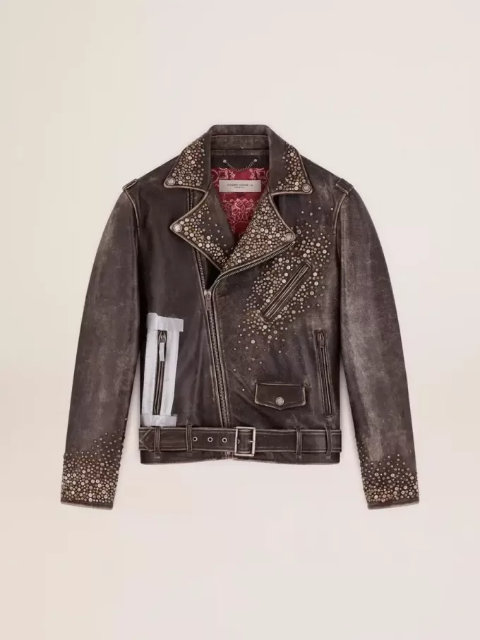 Chaqueta motera de cuero para hombre con tachuelas martilladas y cinta adhesiva Chaqueta motera de cuero para hombre con tachuelas martilladas y cinta adhesiva
