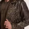 Chaqueta motera de cuero para hombre con tachuelas martilladas y cinta adhesiva Chaqueta motera de cuero para hombre con tachuelas martilladas y cinta adhesiva
