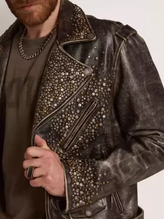 Chaqueta motera de cuero para hombre con tachuelas martilladas y cinta adhesiva Chaqueta motera de cuero para hombre con tachuelas martilladas y cinta adhesiva