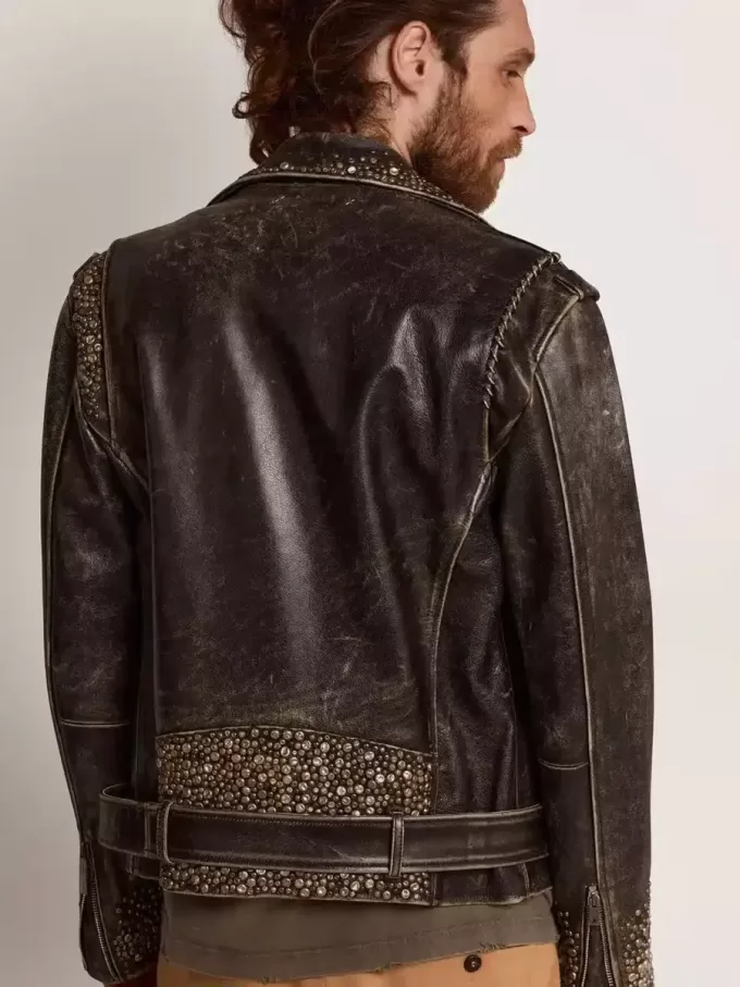 Chaqueta motera de cuero para hombre con tachuelas martilladas y cinta adhesiva Chaqueta motera de cuero para hombre con tachuelas martilladas y cinta adhesiva