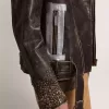 Chaqueta motera de cuero para hombre con tachuelas martilladas y cinta adhesiva Chaqueta motera de cuero para hombre con tachuelas martilladas y cinta adhesiva