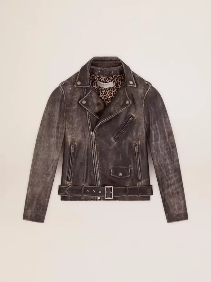 Chaqueta motera para hombre en piel desgastada Chaqueta motera para hombre en piel desgastada