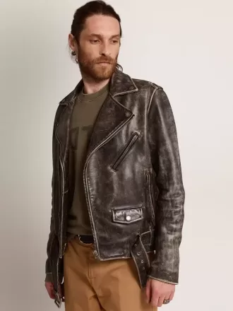 Chaqueta motera para hombre en piel desgastada