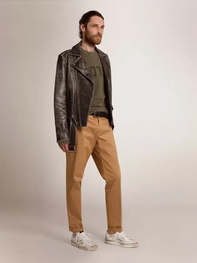 Chaqueta motera para hombre en piel desgastada Chaqueta motera para hombre en piel desgastada