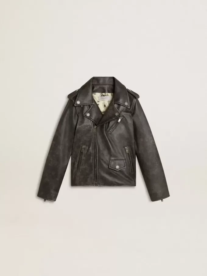 Chaqueta motera para niño en piel desgastada Chaqueta motera para niño en piel desgastada