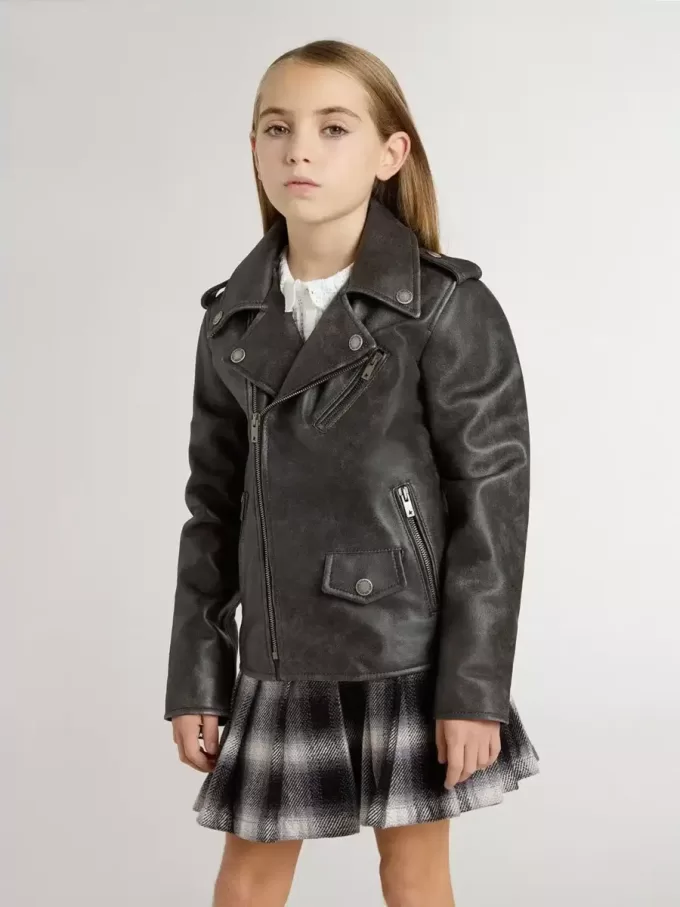 Chaqueta motera para niño en piel desgastada Chaqueta motera para niño en piel desgastada
