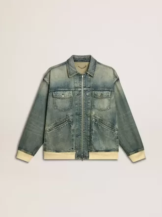 Chaqueta vaquera lavada para hombre con ribetes de mezcla de lana