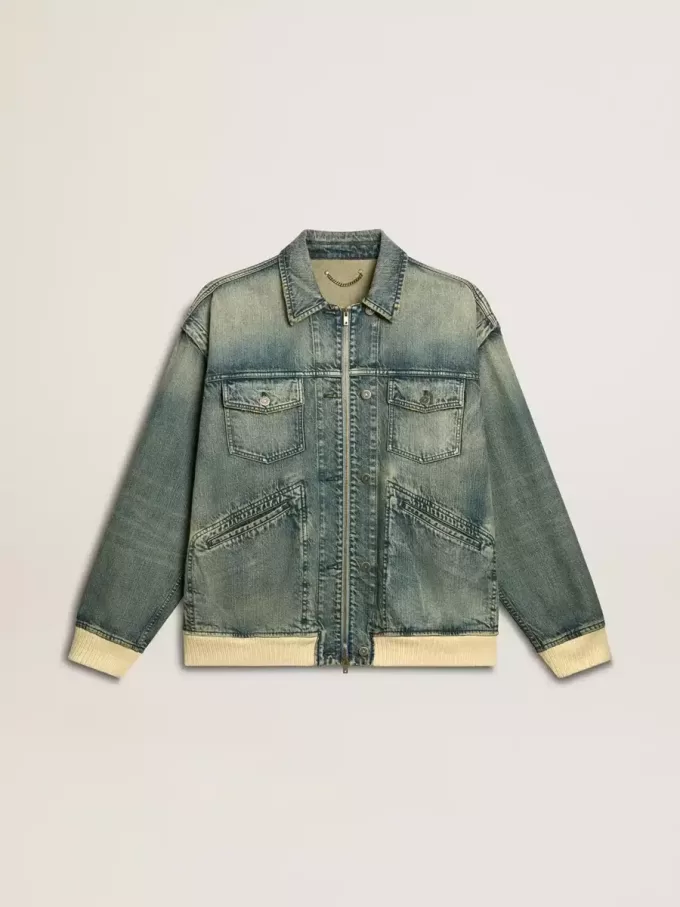 Chaqueta vaquera lavada para hombre con ribetes de mezcla de lana