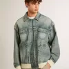 Chaqueta vaquera lavada para hombre con ribetes de mezcla de lana