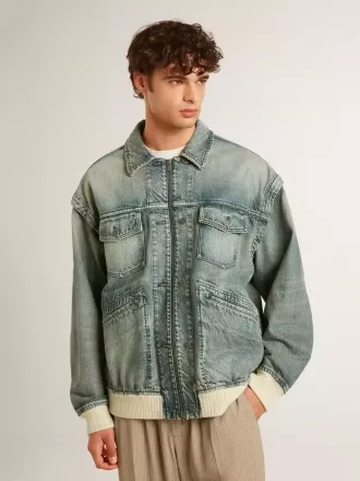 Chaqueta vaquera lavada para hombre con ribetes de mezcla de lana
