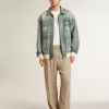 Chaqueta vaquera lavada para hombre con ribetes de mezcla de lana