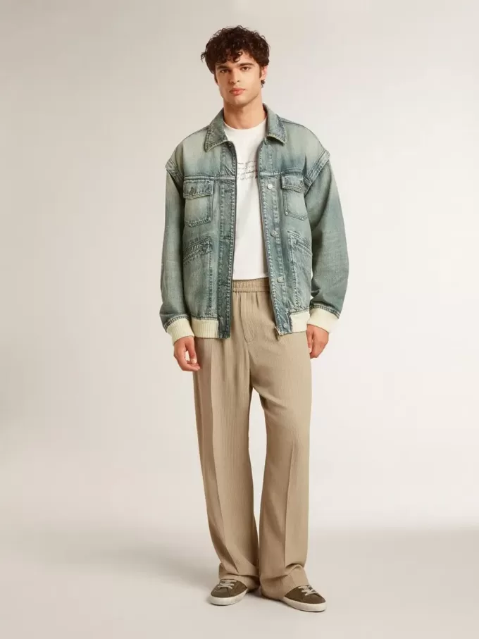 Chaqueta vaquera lavada para hombre con ribetes de mezcla de lana