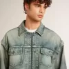 Chaqueta vaquera lavada para hombre con ribetes de mezcla de lana