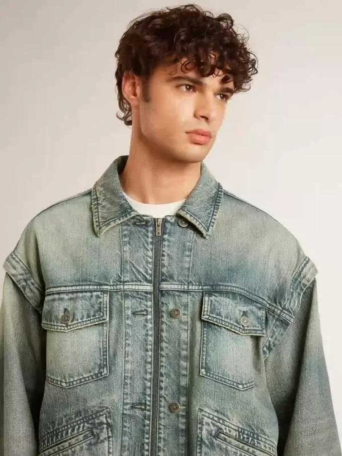 Chaqueta vaquera lavada para hombre con ribetes de mezcla de lana
