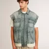 Chaqueta vaquera lavada para hombre con ribetes de mezcla de lana