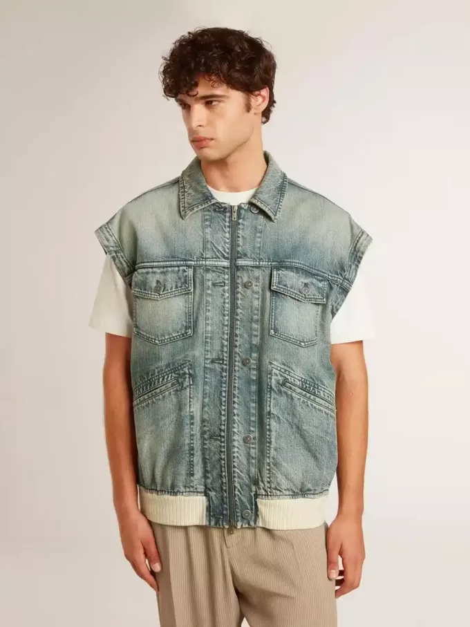 Chaqueta vaquera lavada para hombre con ribetes de mezcla de lana