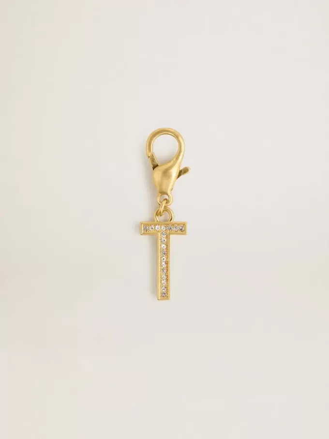 Charm con la letra T en latón dorado con cristales Charm con la letra T en latón dorado con cristales