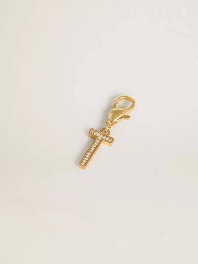 Charm con la letra T en latón dorado con cristales Charm con la letra T en latón dorado con cristales