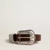 Cinturón de cuero marrón oscuro para mujer con hebilla plateada decorada Cinturón de cuero marrón oscuro para mujer con hebilla plateada decorada