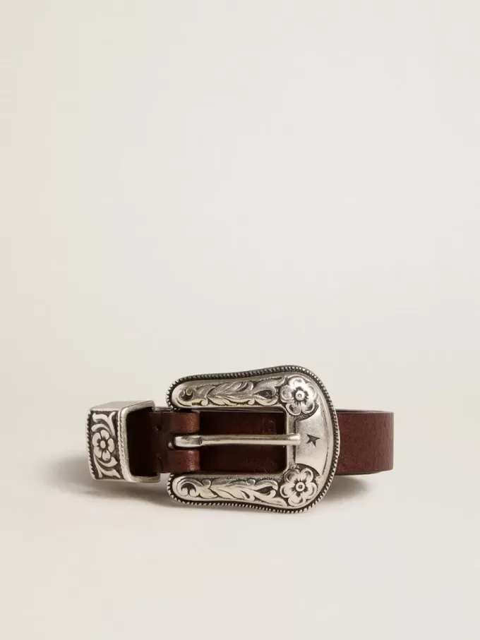 Cinturón de cuero marrón oscuro para mujer con hebilla plateada decorada Cinturón de cuero marrón oscuro para mujer con hebilla plateada decorada