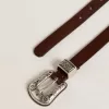 Cinturón de cuero marrón oscuro para mujer con hebilla plateada decorada Cinturón de cuero marrón oscuro para mujer con hebilla plateada decorada