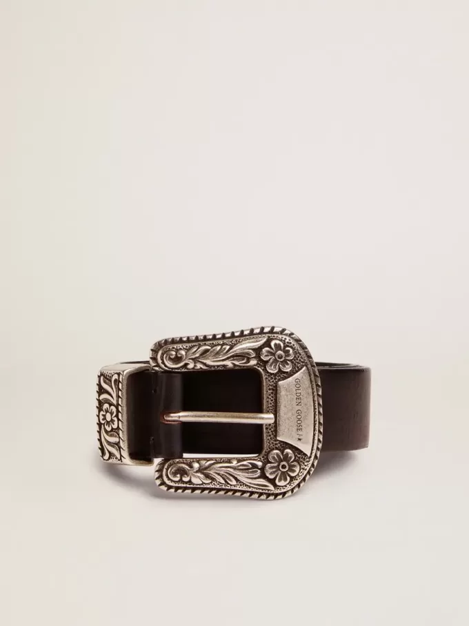 Cinturón de mujer en piel negra con hebilla decorada en plata Cinturón de mujer en piel negra con hebilla decorada en plata