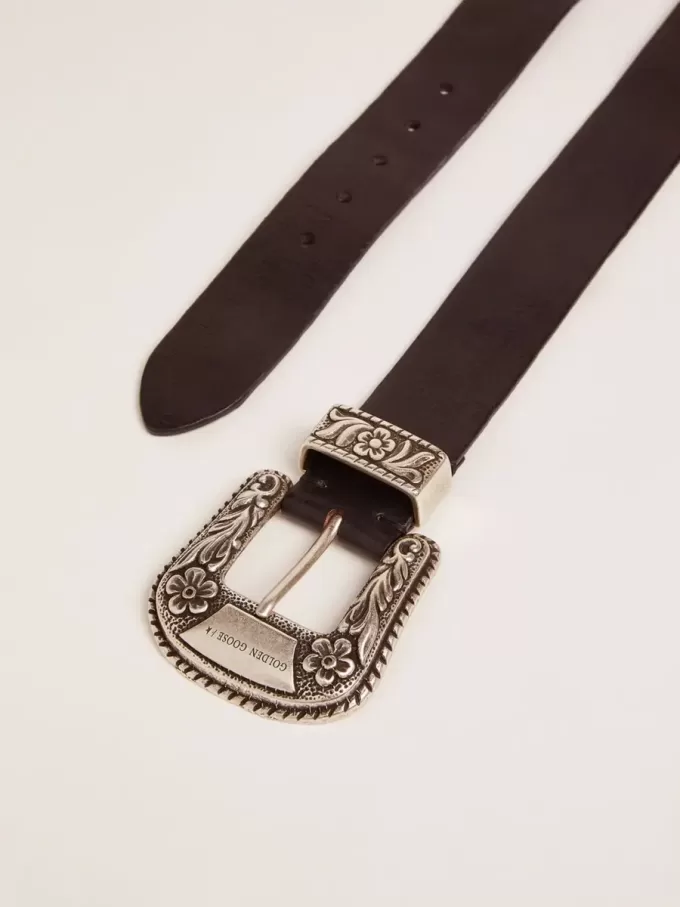 Cinturón de mujer en piel negra con hebilla decorada en plata Cinturón de mujer en piel negra con hebilla decorada en plata