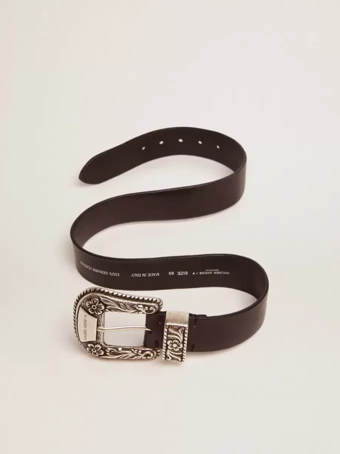 Cinturón de mujer en piel negra con hebilla decorada en plata Cinturón de mujer en piel negra con hebilla decorada en plata