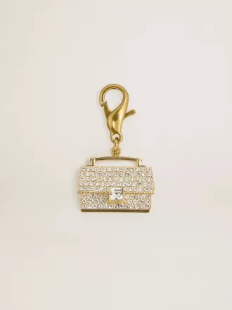 Colgante con forma de monedero en latón dorado con cristales