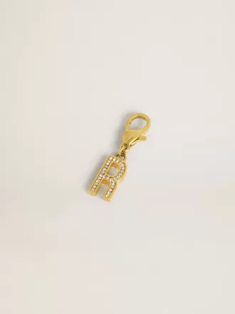 Colgante con la letra R en latón dorado con cristales