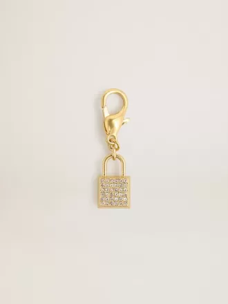 Colgante en forma de candado en latón dorado con cristales