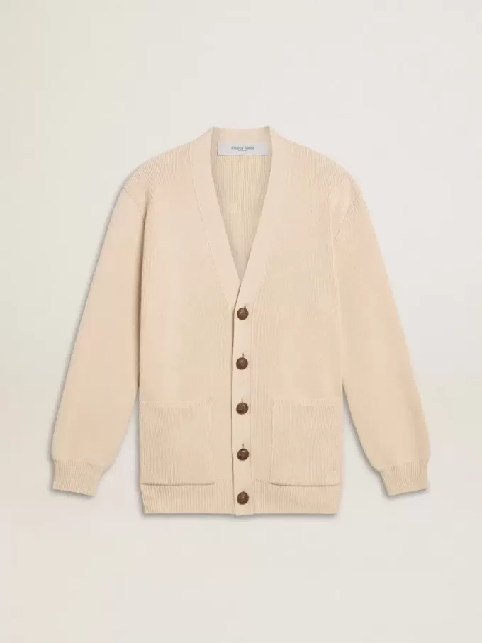 Cárdigan beige para mujer con las letras «Golden» en la espalda Cárdigan beige para mujer con las letras «Golden» en la espalda