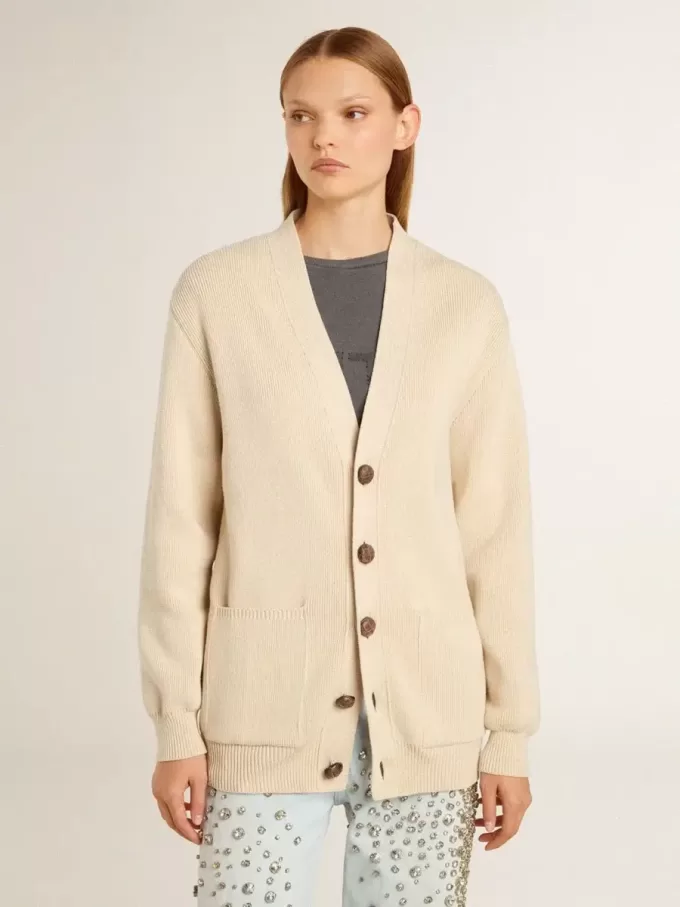 Cárdigan beige para mujer con las letras «Golden» en la espalda Cárdigan beige para mujer con las letras «Golden» en la espalda
