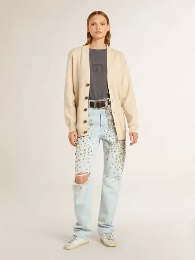 Cárdigan beige para mujer con las letras «Golden» en la espalda Cárdigan beige para mujer con las letras «Golden» en la espalda