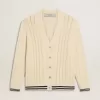 Cárdigan blanco de algodón para hombre con diseño de trenzado y ribetes azules Cárdigan blanco de algodón para hombre con diseño de trenzado y ribetes azules