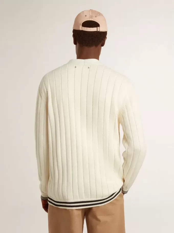 Cárdigan blanco de algodón para hombre con diseño de trenzado y ribetes azules Cárdigan blanco de algodón para hombre con diseño de trenzado y ribetes azules