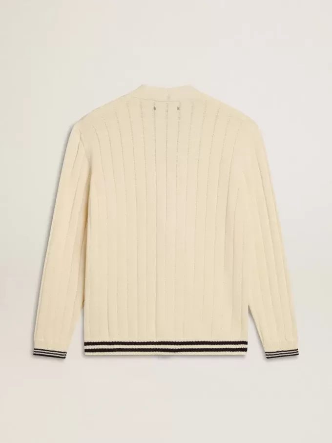 Cárdigan blanco de algodón para hombre con diseño de trenzado y ribetes azules Cárdigan blanco de algodón para hombre con diseño de trenzado y ribetes azules