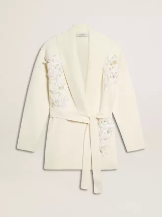 Cárdigan de algodón color crema para mujer con bordado floral
