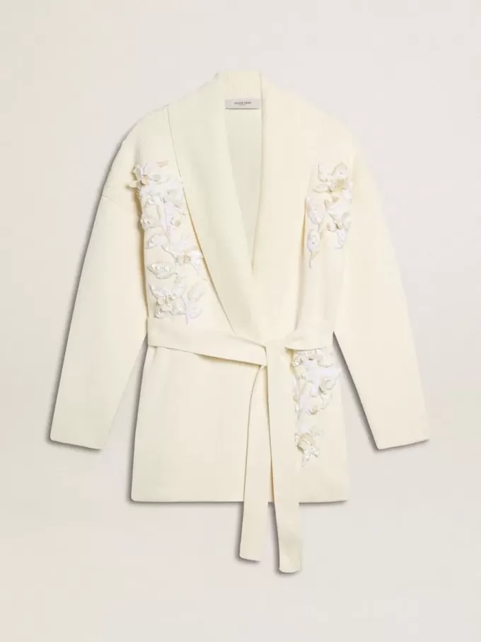 Cárdigan de algodón color crema para mujer con bordado floral Cárdigan de algodón color crema para mujer con bordado floral
