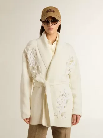 Cárdigan de algodón color crema para mujer con bordado floral