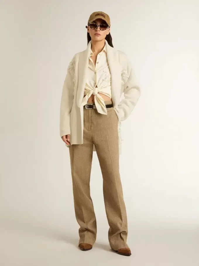 Cárdigan de algodón color crema para mujer con bordado floral Cárdigan de algodón color crema para mujer con bordado floral