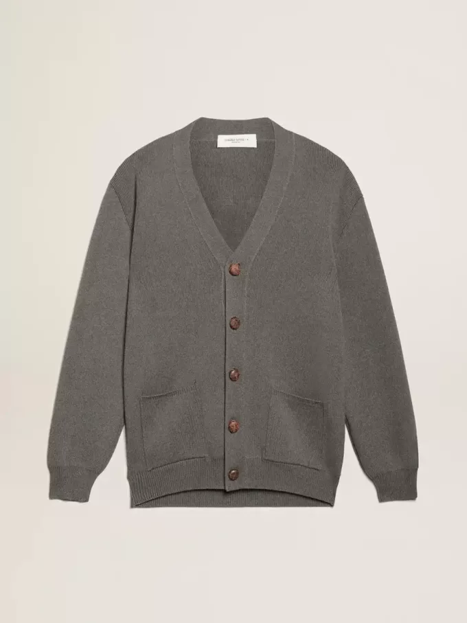 Cárdigan de algodón gris jaspeado para mujer con logotipo en la espalda Cárdigan de algodón gris jaspeado para mujer con logotipo en la espalda